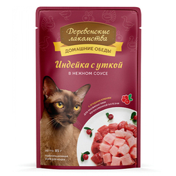 Деревенские Лакомства Пауч для кошек Индейка с Уткой в соусе, 85гр