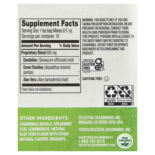 Celestial Seasonings, очищающая смесь, одуванчик, без кофеина, 16 чайных пакетиков, 27 г (0,96 унции)