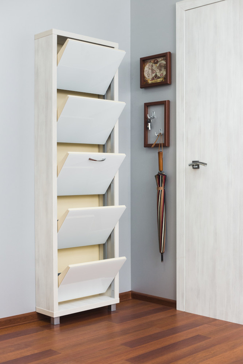 Обувница в прихожую компактная для обуви Люкс 5 белое стекло выбеленное дерево