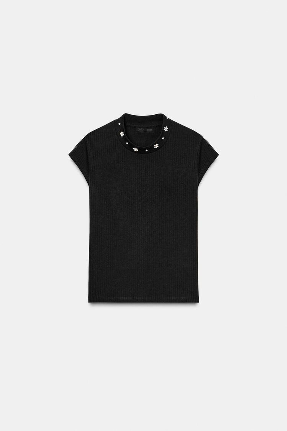 ZARA ФУТБОЛКА С КОРОТКИМИ РУКАВАМИ И БУСИНАМИ, ЧЕРНЫЙ