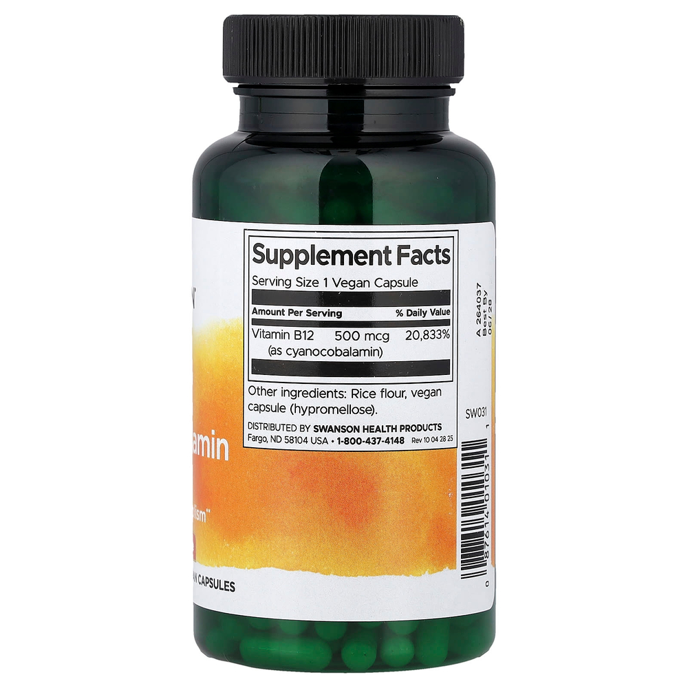 Swanson, витамин B12, 500 мкг, 250 веганских капсул