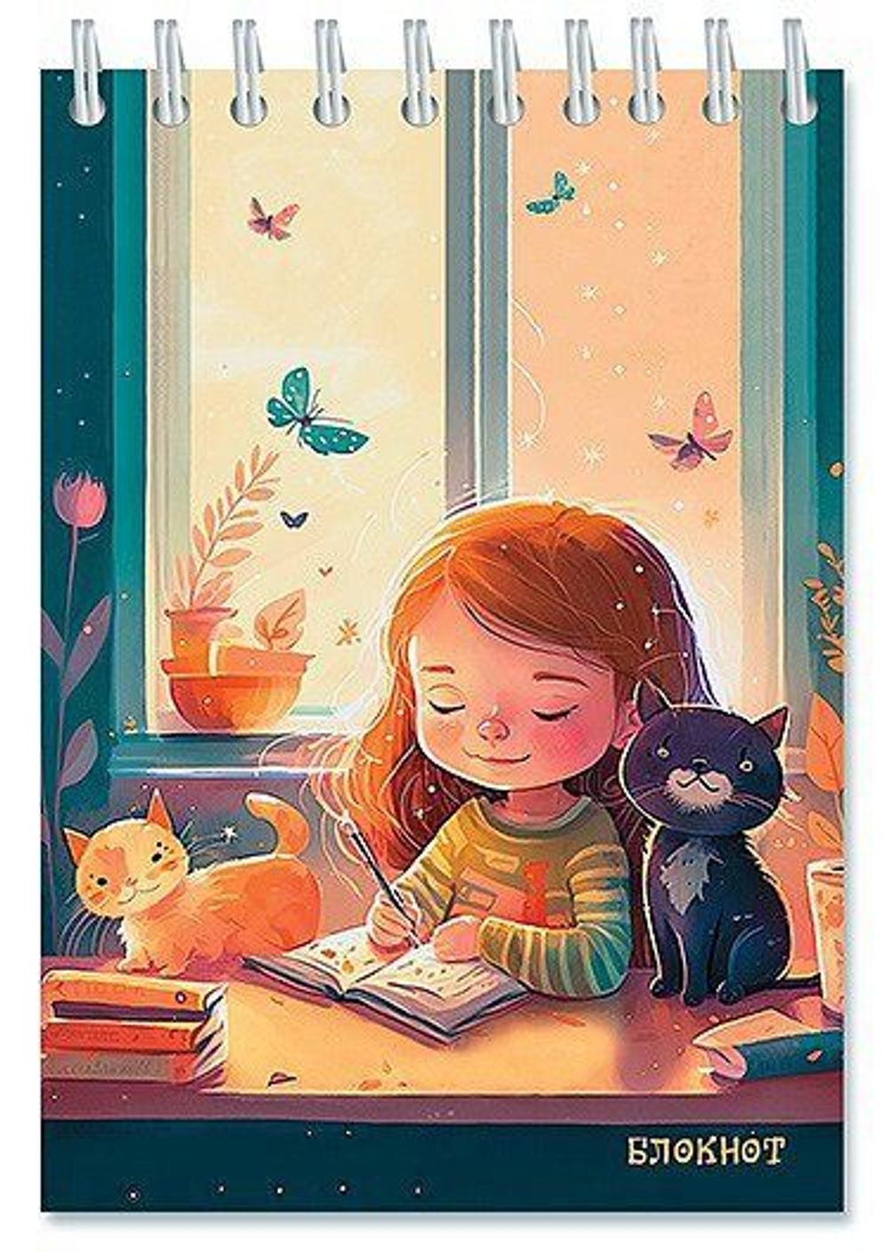 Блокнот А6 48л гребень "Девочка с котятами кл.