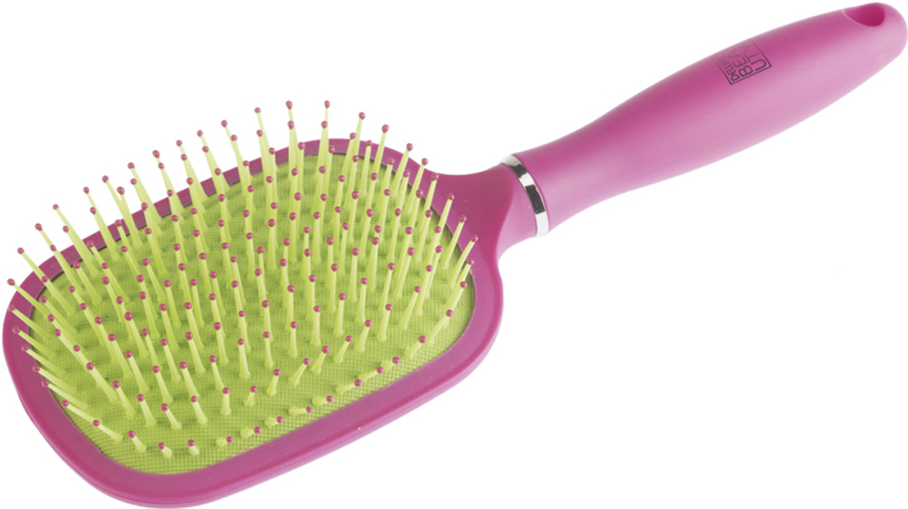DBY1 Щетка Dewal Beauty  серия "Ягода" массажная с нейлоновым штифтом, квадратная, розовая с зеленым