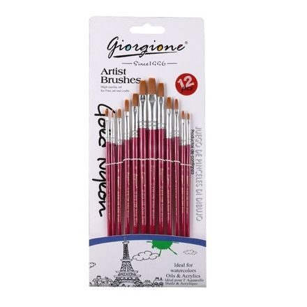 Набор кистей нейлон 12шт Giorgione плоские G-818-12B вишневый корпус, в блистере