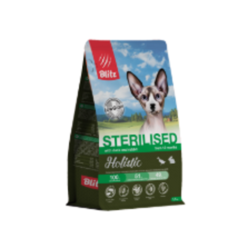 Сухой корм для кошек Blitz Holistic Cat Duck & Rabbit Sterilised Cat низкозерновой корм для стерилизованных кошек,утка и кролик, 1,5 кг
