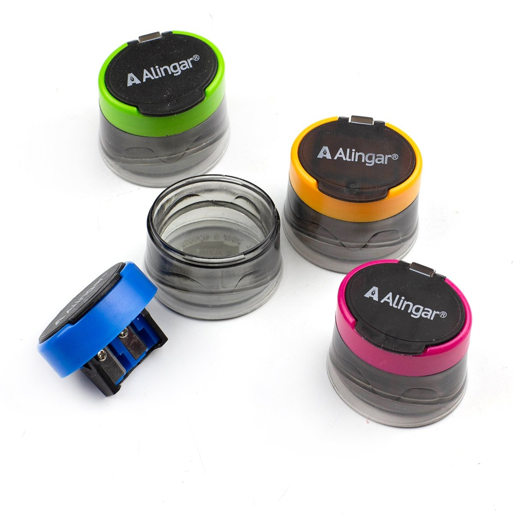 Точилка пластиковая Alingar, 2 отверстия, контейнер, ассорти, картонная упаковка(12шт)