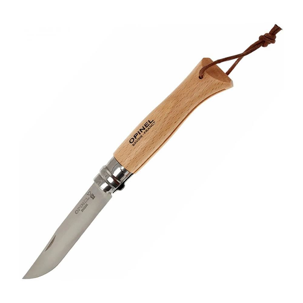 Нож Opinel №8, нержавеющая сталь, бук, с кожаным темляком