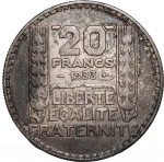 France, 20 Francs 1933 – "Turin" (Long Branches Variant), VF