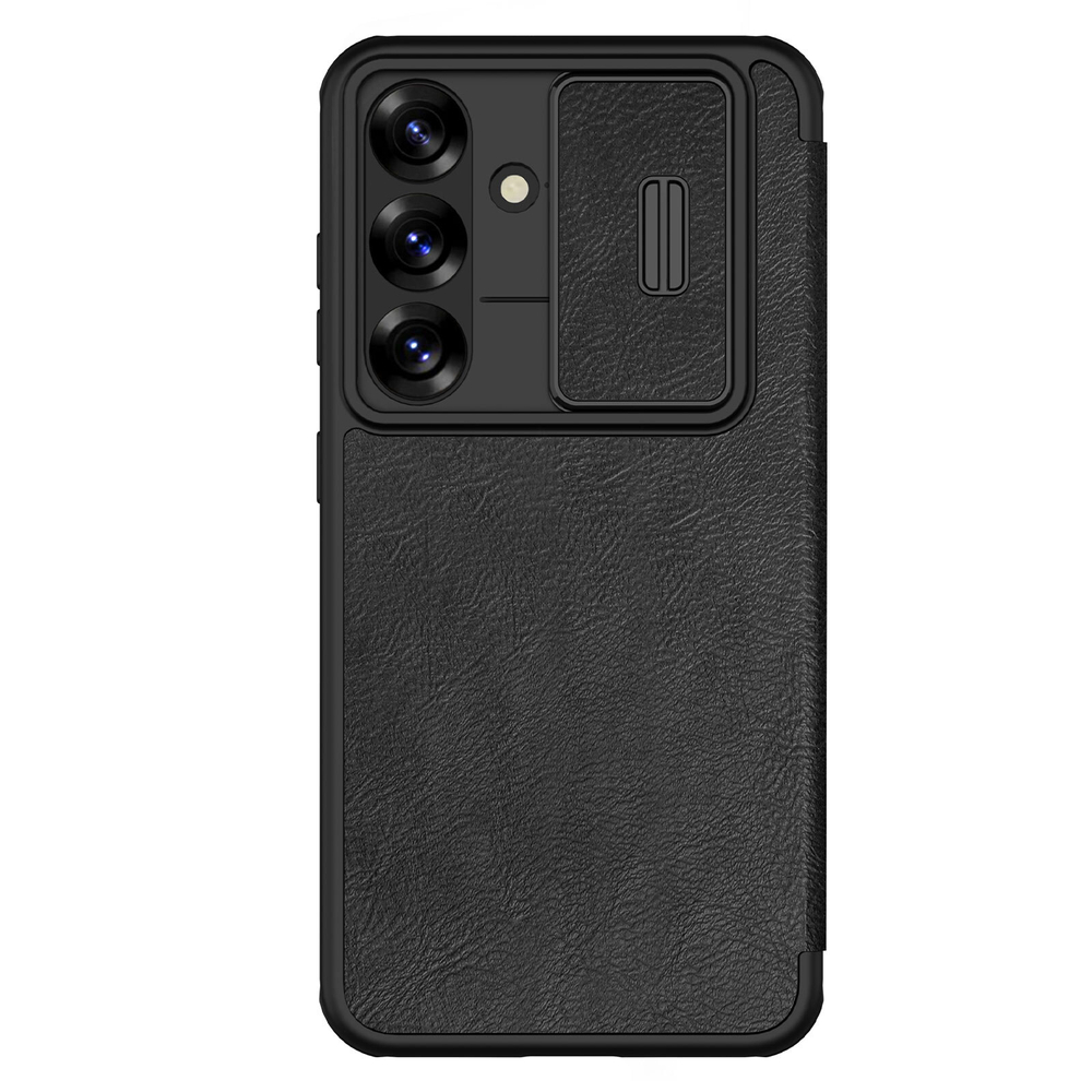 Кожаный чехол книжка черного цвета от Nillkin для смартфона Samsung Galaxy S25+, серия Qin Pro Leather с сдвижной защитной шторкой для камеры