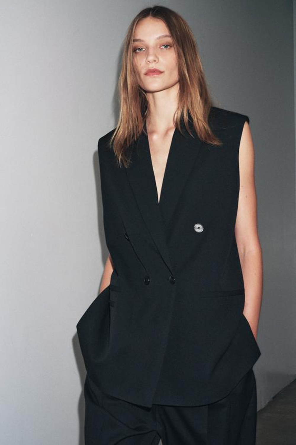 ZARA ДВУБОРТНЫЙ ЖИЛЕТ ОВЕРСАЙЗ — ZW COLLECTION, ЧЕРНЫЙ