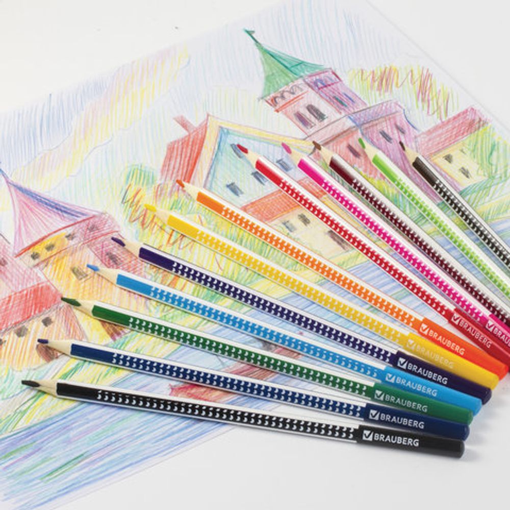 Карандаши цветные BRAUBERG "Бабочки", набор 12 цветов, трехгранные, корпус с полосками, 181285