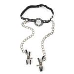 Кляп O-Ring Gag Nipple Clamps, соединенный цепочкой с клипсами для сосков груди Fetish Fantasy без бюстгалтера (Цвет: черный)
