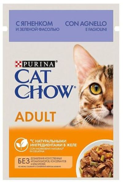 Влажный корм Cat Chow® для взрослых кошек, с ягненком и зеленой фасолью в желе, Пауч, 85 г