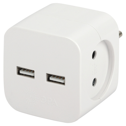Разветвитель электрический ЭРА SP-2-USB-W на 2 розетки + 2xUSB 2400mA без заземления 10А белый