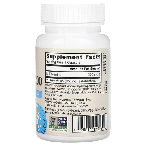 Jarrow Formulas, Теанин 200, 200 мг, 60 вегетарианских капсул