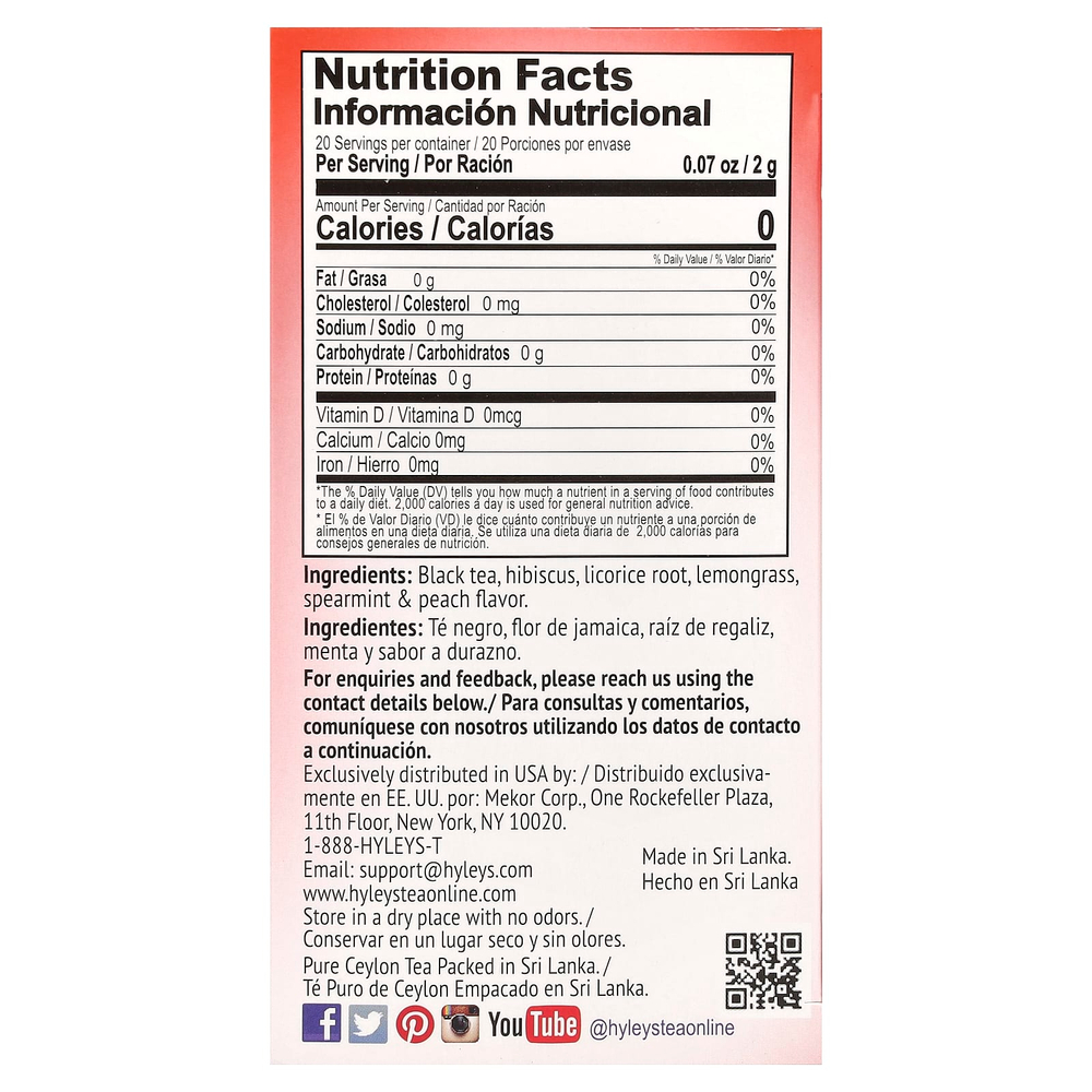Hyleys Tea, холодный черный чай, персик, 20 индивидуально упакованных чайных пакетиков, 40 г (1,41 унции)