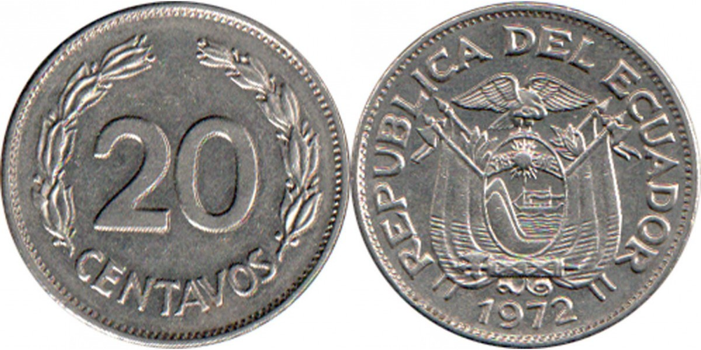 Эквадор 20 сентаво, 1959 - 1972 Герб XF