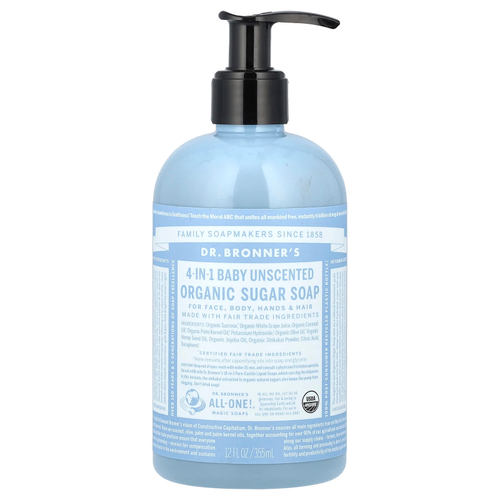 Dr. Bronner's, Органическое сахарное мыло 4 в 1, для рук, лица, тела и волос, детское без запаха, 355 мл (12 жидк. унц.)