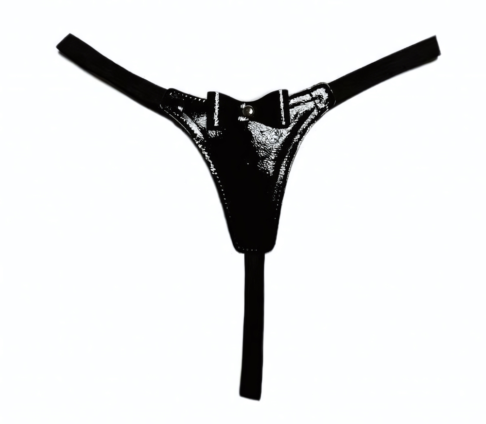 Черные лаковые трусики-стринги с бантиком (Размер: S-M) (Цвет: черный)