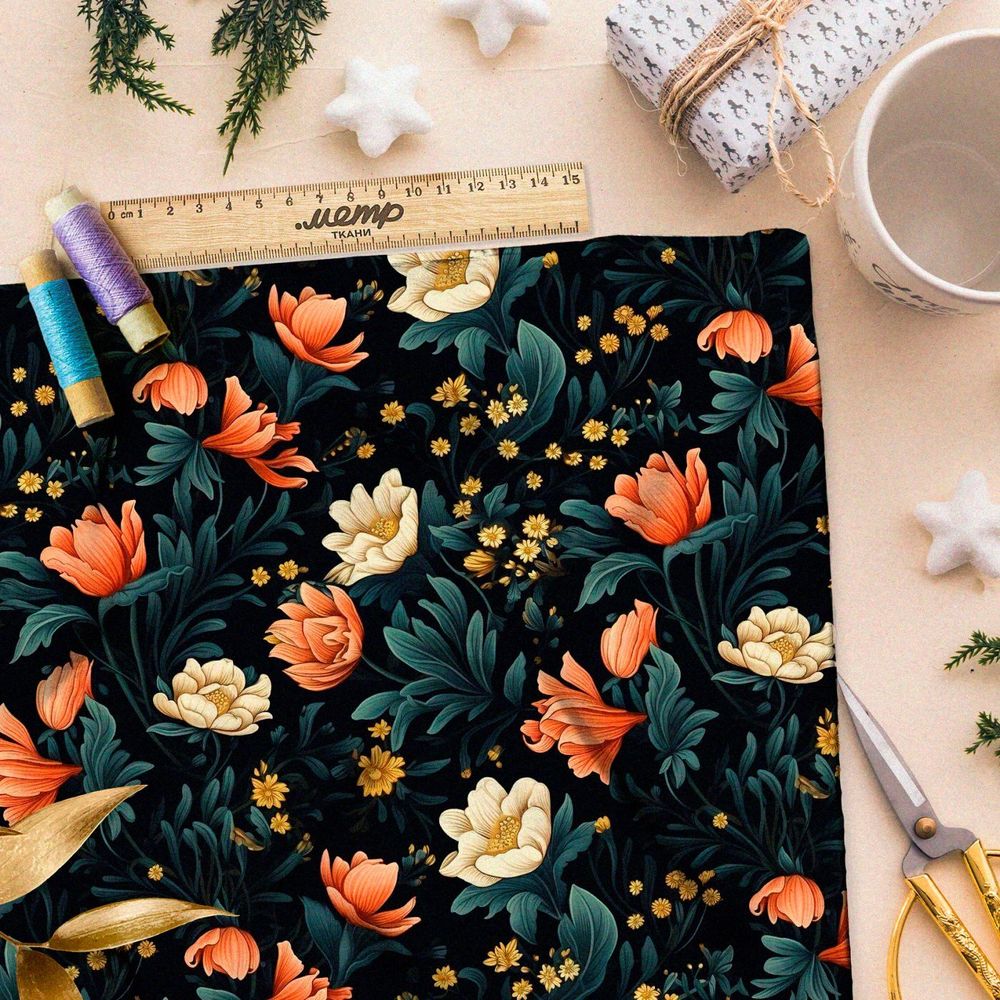 Ткань премиум шифон ночные цветочные фантазии