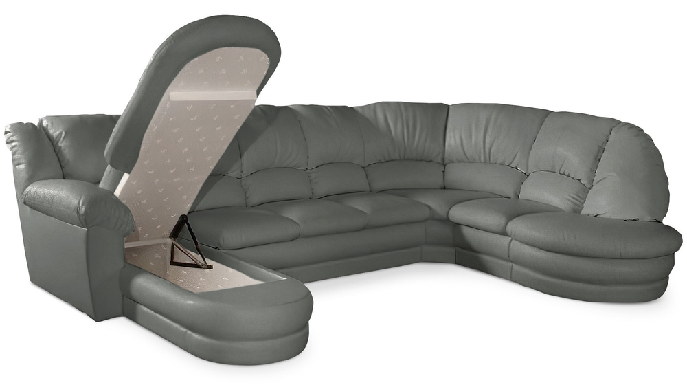 Большой диван Оберон с круглой секцией и оттоманкой Galaxy It Grey 358*222*102 см, Серый Экокожа Нераскладной Фиеста