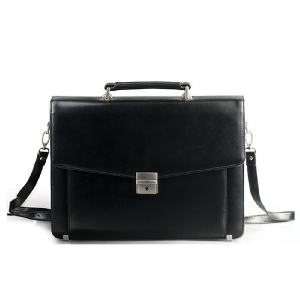 Портфель из натуральной кожи, 38,5х28х11 см, 2 отделения, замок с ключом, черный