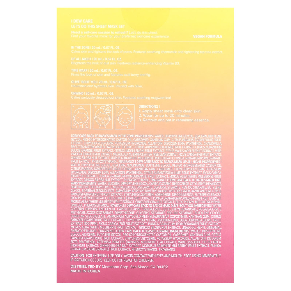 I Dew Care, Let's Do This Sheet, 5-дневный набор тканевых масок, 5 масок, по 20 мл (0,67 жидк. унц.)