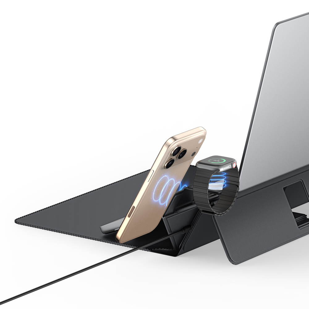 Универсальная портативная подставка 3в1 для ноутбука из кожи от Dux Ducis, серия AirQ Series, чехол для ноутбука, подставка и магнитное зарядное устройство в одном