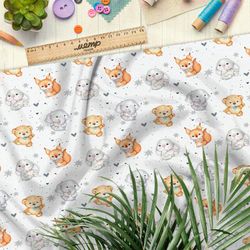 Ткань лён игрушечные белочки, зайчики, мишки и слоники