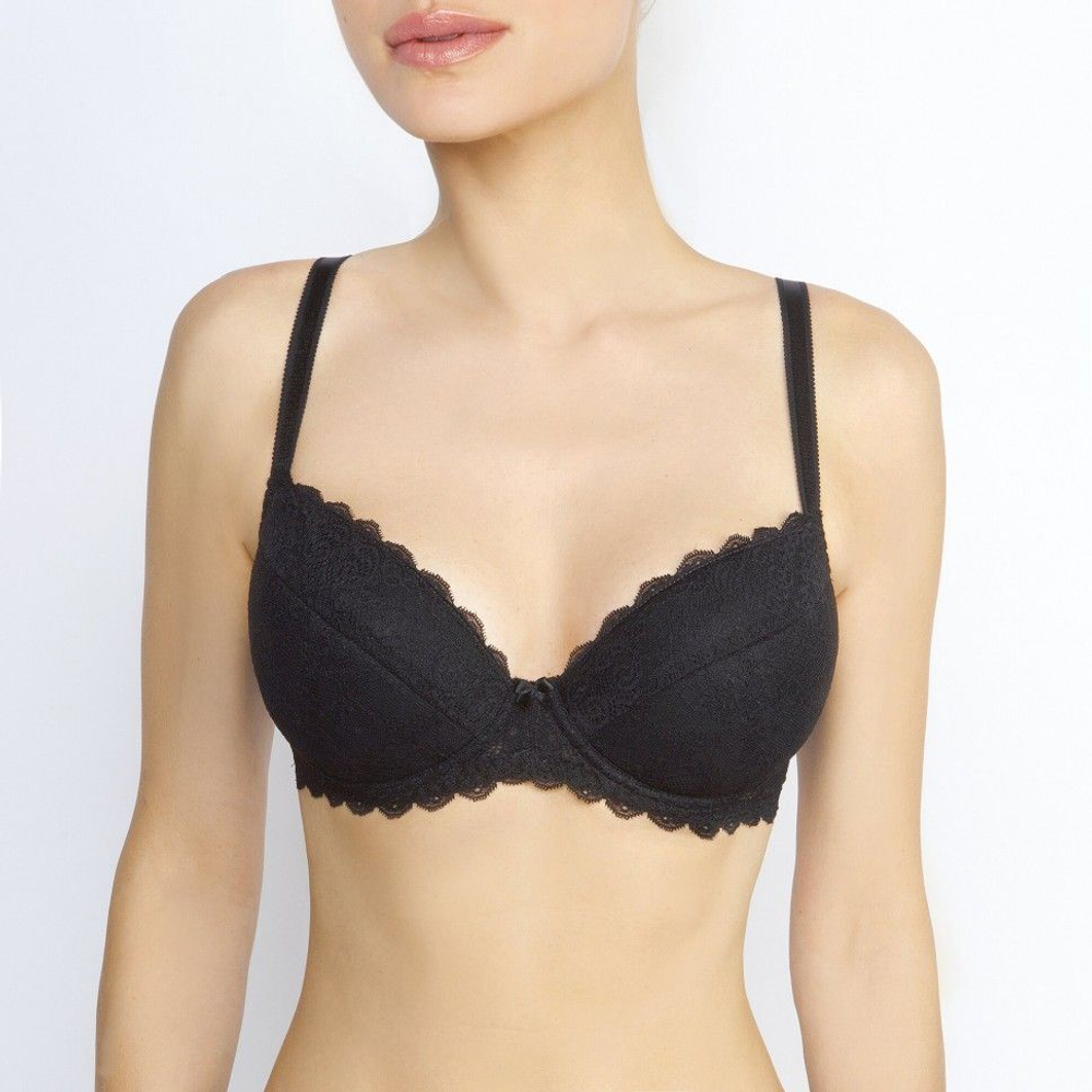Кружевной пуш-ап бюстгальтер на каркасах с трехразрезной чашкой (Размер: 75C) (Цвет: черный)
