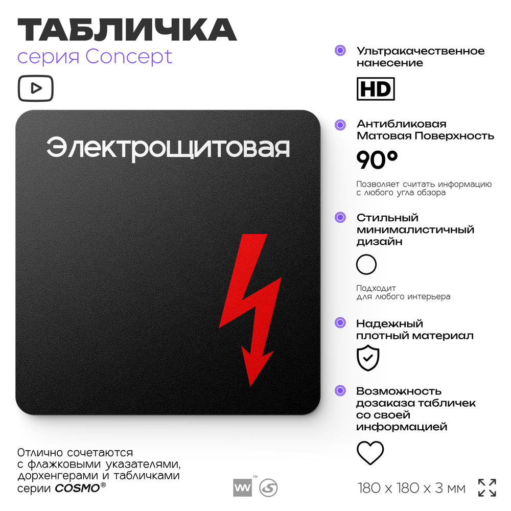 Табличка Электрощитовая, на дверь и стену, навигационная и информационная, серия CONCEPT, 18х18 см, Айдентика Технолоджи