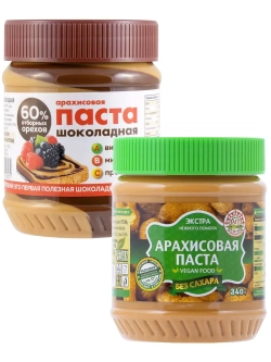 Арахисовая паста Шоколадная, Без Сахара ассорти 340 г * 2 шт
