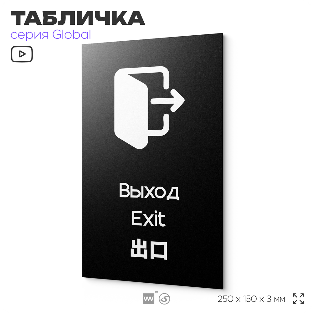 Табличка Выход, на дверь и стену, информационная и мультиязычная (русский, английский, китайский), серия GLOBAL, 25х15 см, Айдентика Технолоджи