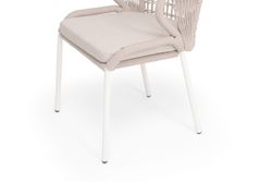 "Милан" стул плетеный из роупа (клетка), каркас алюминий белый, роуп бежевый круглый, ткань бежевая 035
