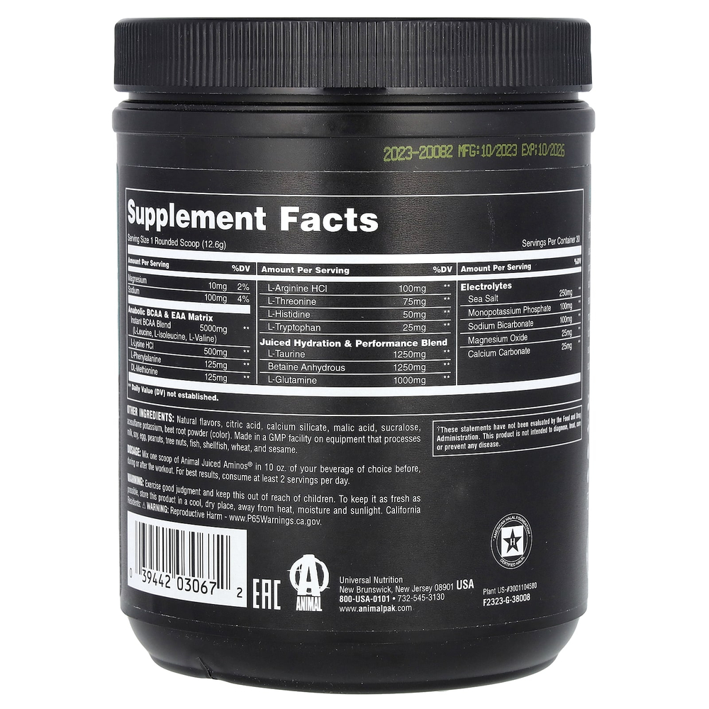Animal, Juiced Aminos, формула для приема во время и после тренировки, клубничный и лаймад, 366 г (12,9 унции)