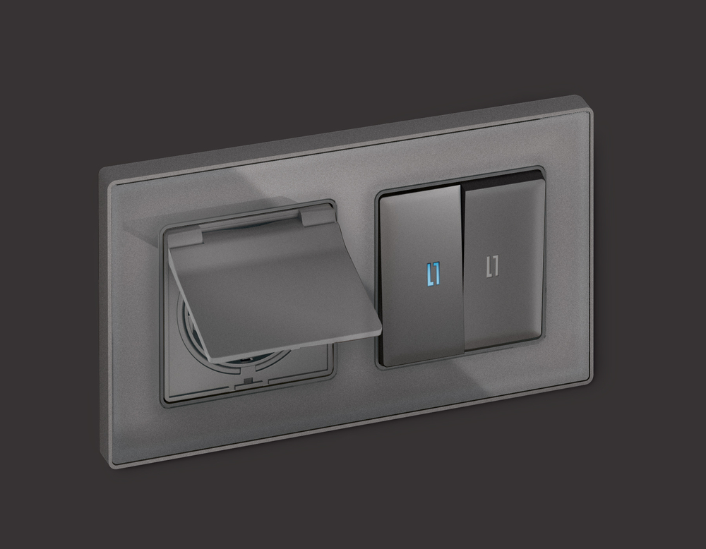 MA658010 Комплект механизма электрической розетки ALFA Антрацит серый с/з с шторками и крышкой IP44 QUANT (AP6580, VM141)