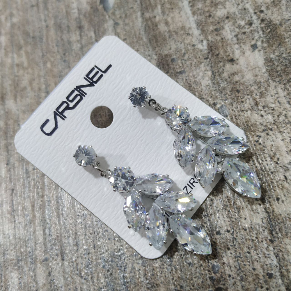Серьги-гвоздики Cubic Zirconia Веточка кристалл 5 листков цвет прозрачный металл серебристый