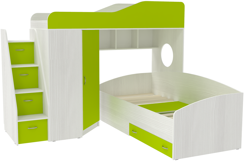 Двухъярусная кровать КарИВи  Кадет 2 с универсальной лестницей Белое Дерево Лайм