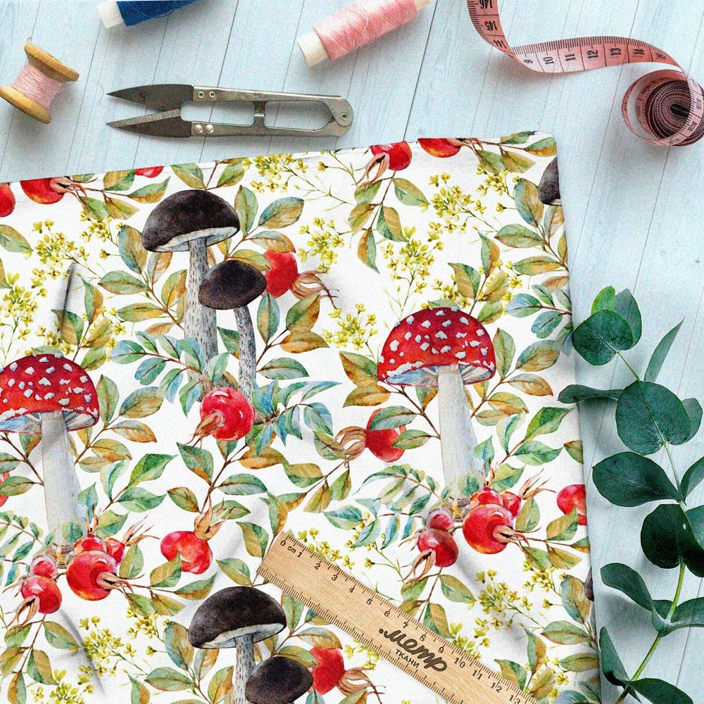 Ткань футер 2-х нитка крупные лесные грибы и клюква