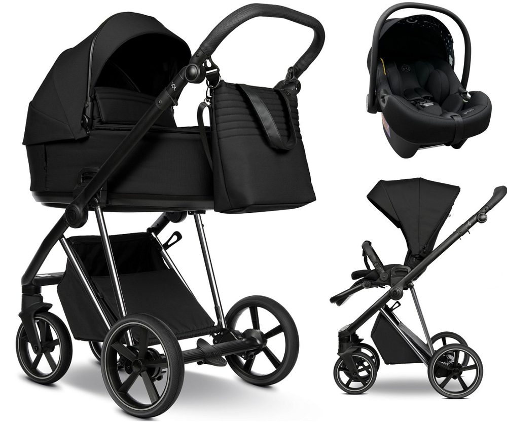 Детская коляска Roan Sol Vintage Luxury 2.0 3 в 1 с автокреслом Tutis Elo Lux EduSky Black VIN 05/CB Caviar Black/Nickel/руч.Black