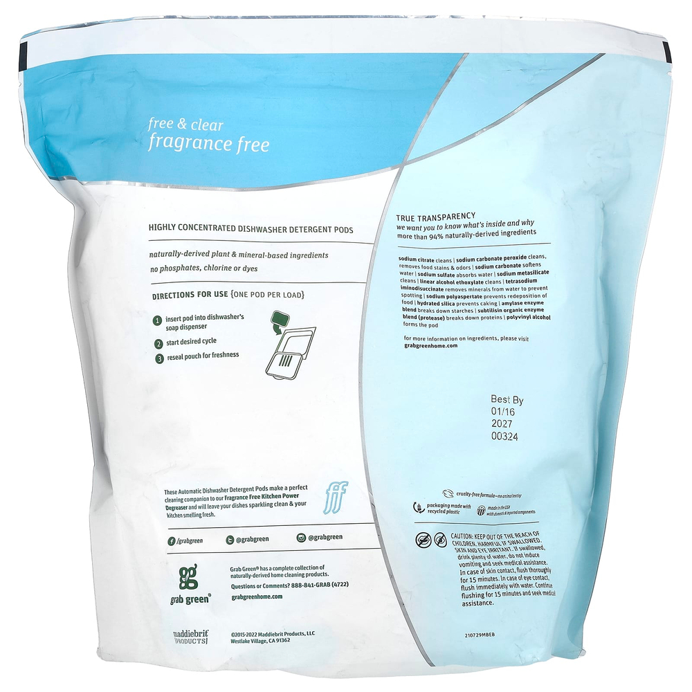 Grab Green, Капсулы с порошком для автоматической посудомоечной машины, без отдушек, 132 загрузки, 2376 г (5 фунтов 4 унции)