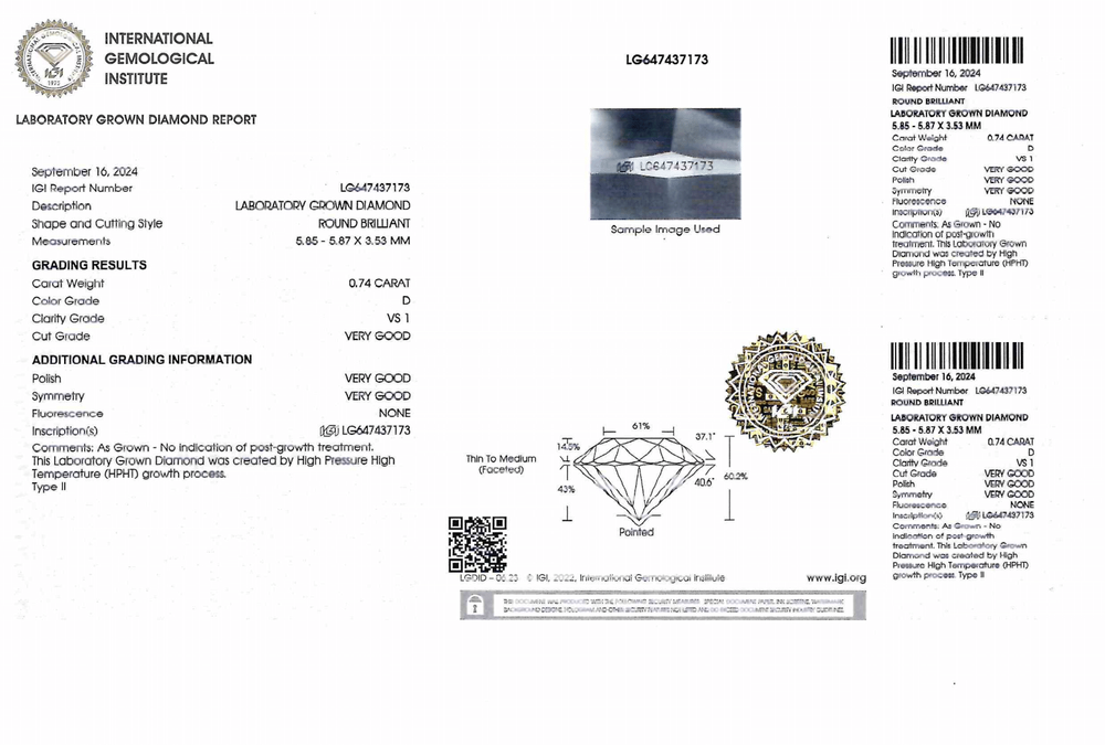 Лабораторно-выращенный бриллиант Кр-57 5.85-5.87 мм D/VS1 0.74 ct