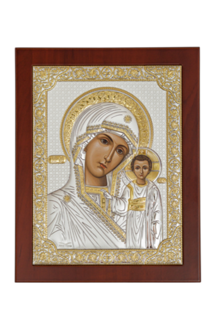 Икона Казанская БМ: 26х21, напыление серебром и золотом, рама, PR-5 настольная с подст. (Греция)