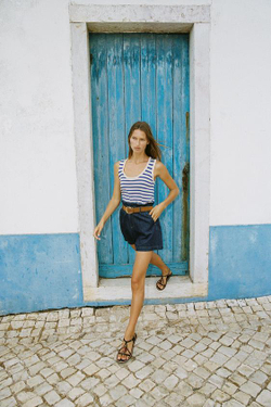 ZARА БЕРМУДЫ PAPER BAG С ПОЯСОМ, ИНДИГО