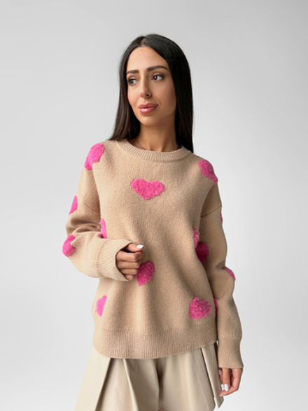 Свитер Yixuan 5011 трикотажный на манжете с сердцами однотонный бежевый