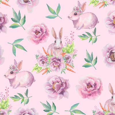 Розовые кролики и пионы, нежный паттерн