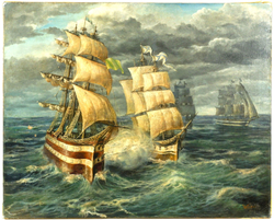 Рудикке В. (?). «Морское сражение». Масло. Сев. Европа, 1919 г. Размер: 80*100 см.