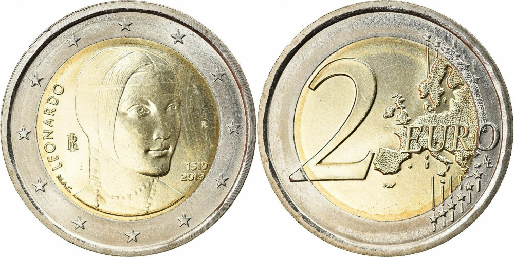 Италия 2 евро, 2019 500 лет со дня смерти Леонардо да Винчи UNC