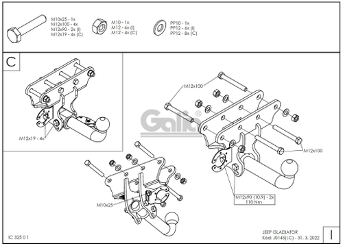 Оцинкованный фаркоп на Jeep Gladiator 2019- (без электрики), Galia J014C