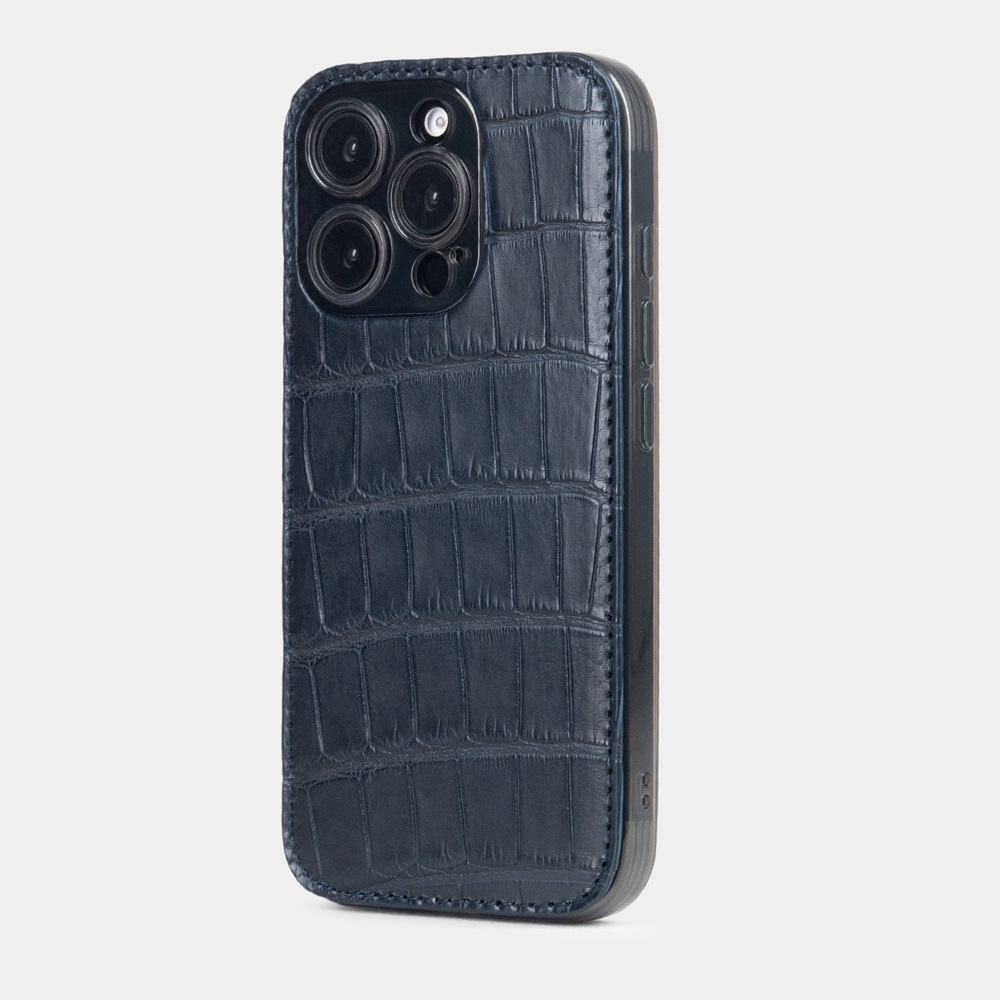 Чехол-накладка кожаная для iPhone 16 Pro, аллигатор синего цвета